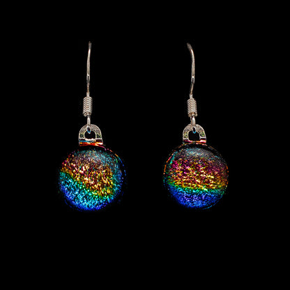 A pair of round, rainbow-colored orb drop earrings with 925 sterling silver hooks, displayed against a black background.