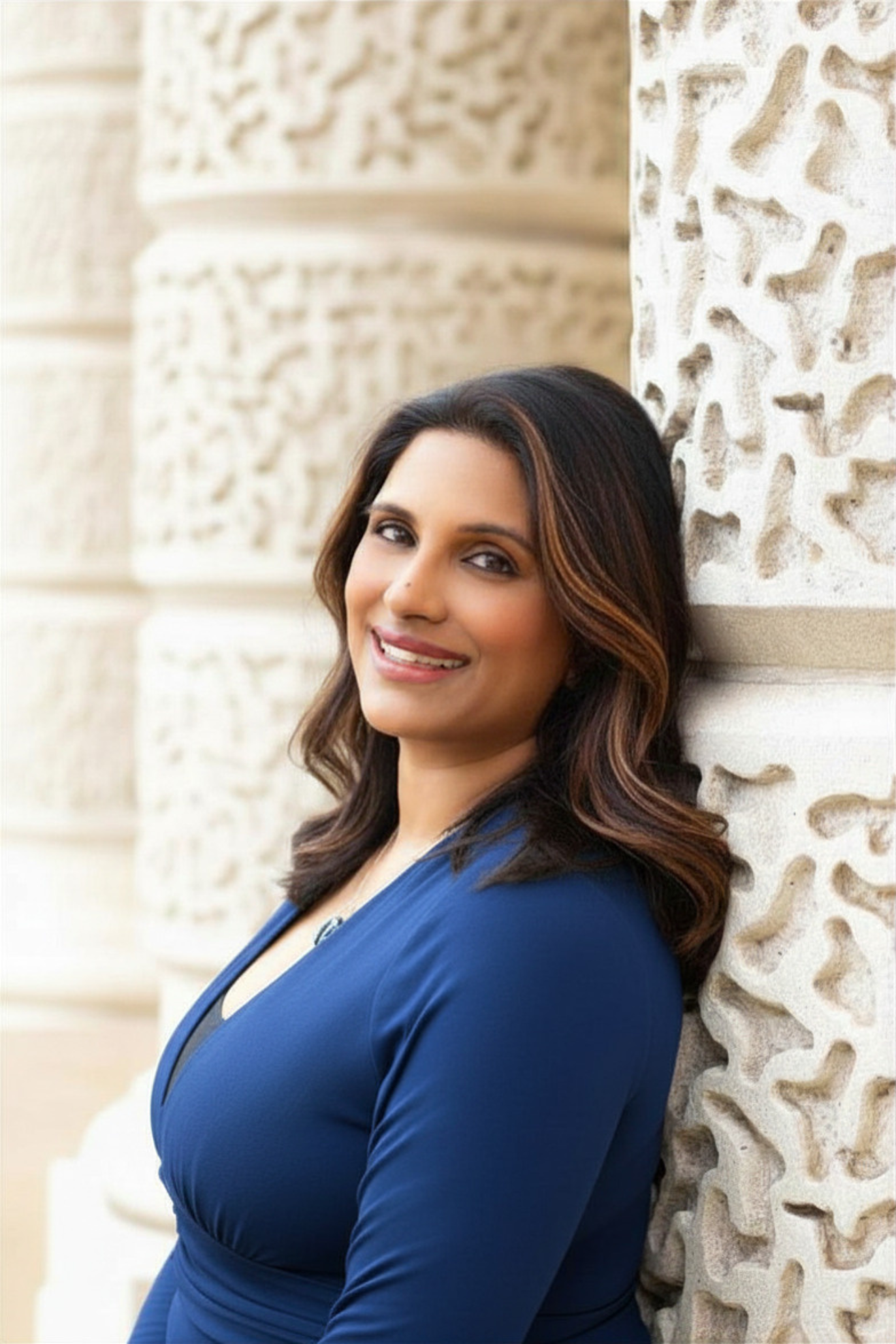 Woman in a blue dress leaning against a textured wall